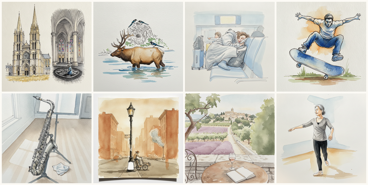 Chartres Cathedral, Chartres, France, Black-billed magpie, Person napping at airport, Skateboarder Doing a Trick Toward Camera, and more — pen + watercolor for October 19, 2026