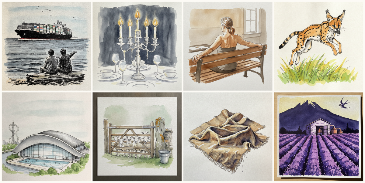 Container ship in distance, Candelabra fully lit at dinner, White woman 50s on bench, arms back, Serval, and more — pen + watercolor for October 3, 2026