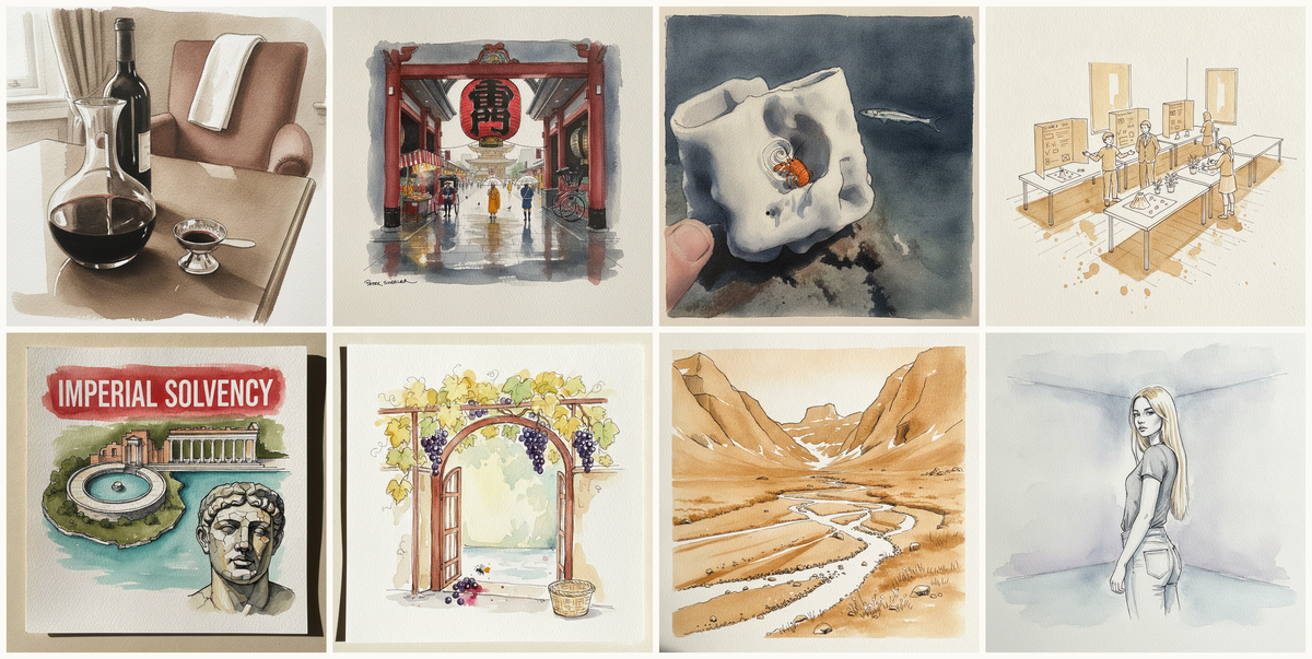 Sommelier's setup with decanter, tastevin, white napkin draped, Tokyo Asakusa Senso-ji Approach in Rain, Squat lobster, Science fair with poster boards, and more — pen + watercolor for October 22, 2026