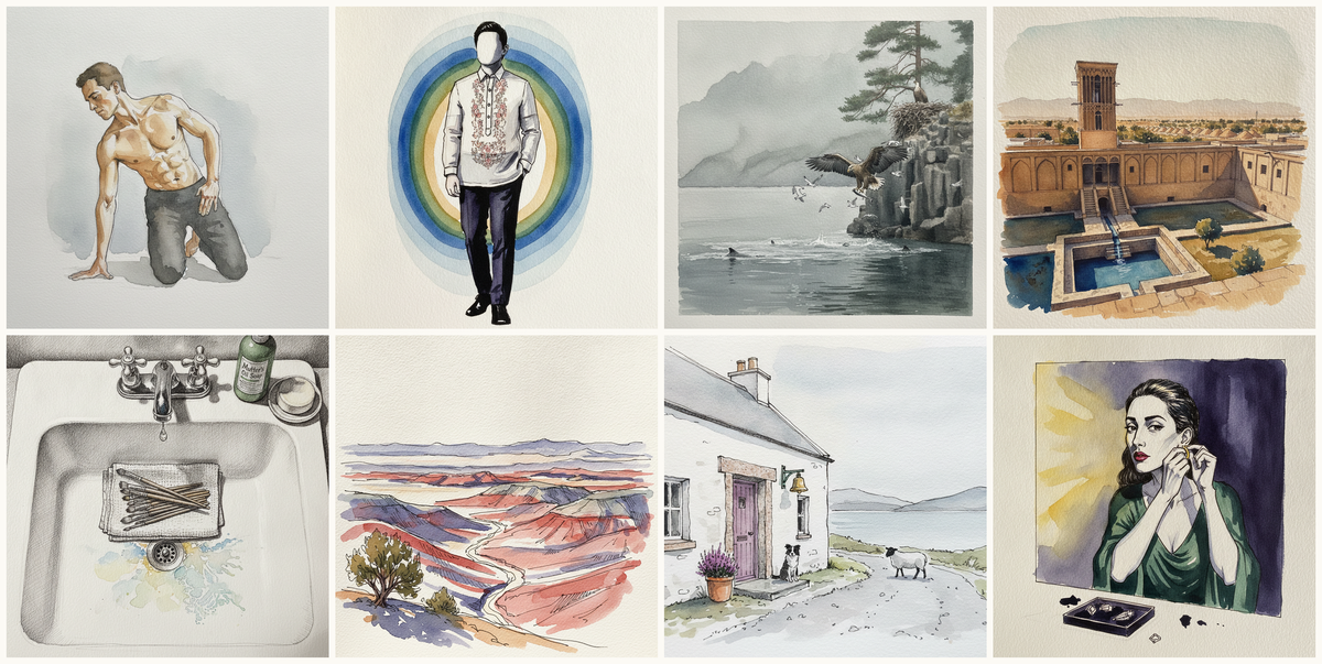 Kneeling on heels, twist with hand on floor, Filipino barong tagalog, White-tailed eagle, Yazd Qanats, Yazd, Iran, and more — pen + watercolor for October 23, 2026