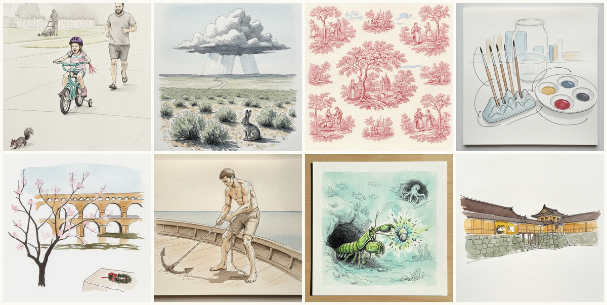 Kid on bicycle with training wheels, Rain shafts of virga over the Great Basin near Tonopah, Nevada, Toile de Jouy Pastoral, Watercolor brush rest with brushes, and more — pen + watercolor for October 9, 2026
