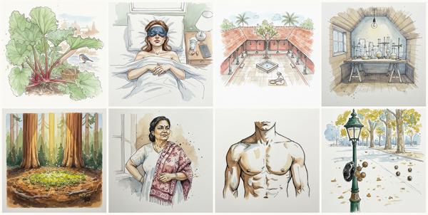 Rhubarb, Person sleeping in eye mask, Kerala Nalukettu Courtyard House, Tharavadu Compound, Palakkad, Kerala, India, Dim attic lab, and more — pen + watercolor for May 25, 2026