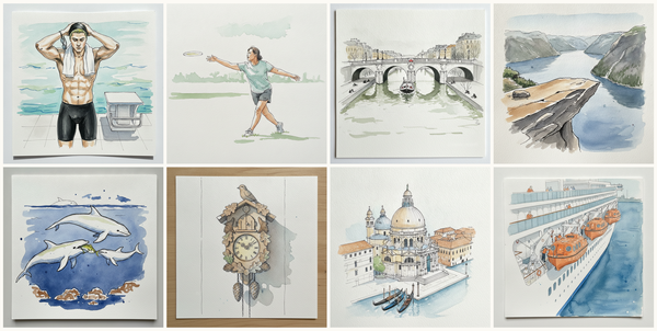Swimmer with broad shoulders, Frisbee backhand throw, park lawn, Pont Neuf, Paris, Winter, Preikestolen Pulpit Rock above Lysefjord, Norway, and more — pen + watercolor for June 13, 2026