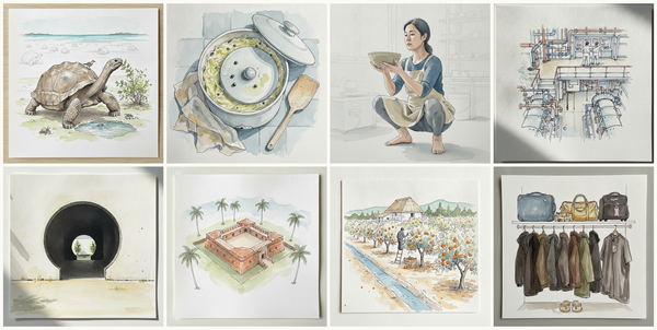 Aldabra giant tortoise, Sauerkraut in a stoneware crock with weight, Deep Squat, Pottery Studio, Cruise Ship Engine Room, and more — pen + watercolor for June 14, 2026