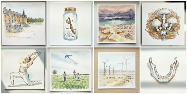 Château de Fontainebleau, Fontainebleau, France, Praying mantis in a tall jar, Lightning over Badlands at dusk, South Dakota, USA, Eastern destroying angel, and more — pen + watercolor for June 3, 2026