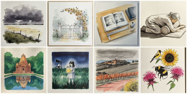 Field with Distant Storm, Cape Cod cottage gate in fog with Buff Beauty apricot, Open architecture monograph on a drafting table, Wide-knees, elderly model, supported by props, and more — pen + watercolor for June 16, 2026