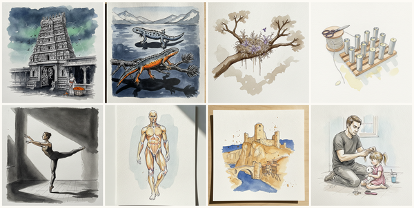 The gopuram at Chidambaram in afternoon storm, Alpine newt, Epiphyte Garden Crown, Costa Rica, Candle molds on a cooling rack, and more — pen + watercolor for June 18, 2026
