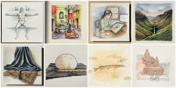 T-Pose, Knees Bent, White Man on Platform, Naples drinking fountain in narrow alley, Animator at tablet, Howgill Fells from Sedbergh, and more — pen + watercolor for June 19, 2026