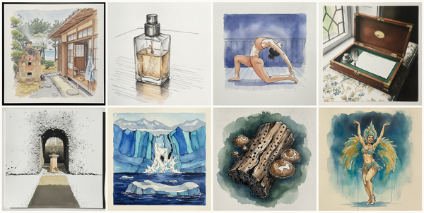 Hagi Pottery Studio House, Hagi, Yamaguchi, Japan, Perfume Bottle, Glass, Camel pose with one knee lifted (low lunge backbend), Regency lap desk open mid-letter, and more — pen + watercolor for June 20, 2026