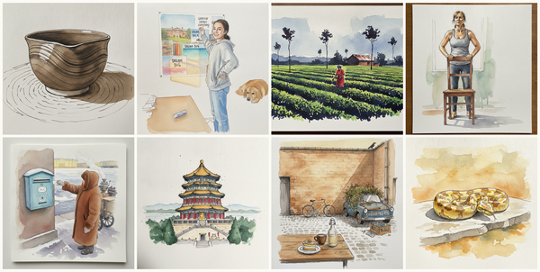 Hand-thrown stoneware bowl with finger marks, Teen with vision board, Halmari Tea Estate, Assam, India, Woman, early 50s, white, mature soft athletic build, both hands gripping a chair back from behind, and more — pen + watercolor for June 21, 2026