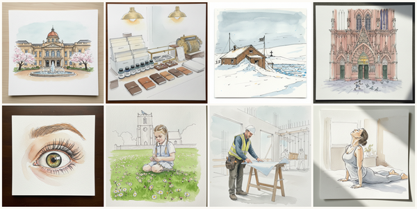 Akasaka Palace (State Guest House), Tokyo, Japan, Stationer's display, supplies for sale, Mawson's hut at Cape Denison, blizzardiest place, Strasbourg Cathedral central portal at dusk, and more — pen + watercolor for June 5, 2026