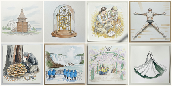 Kizhi Pogost Bell Tower, Kizhi Island, Russia, Skeleton clock under dome, Wildlife biologist with tags, Studio floor, butterfly knees, arms wide, and more — pen + watercolor for June 10, 2026