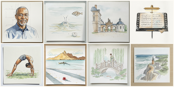 Black Pastor, Sixty-Two, Heart urchin, Château d'Anet, Anet, France, Music stand with open score, and more — pen + watercolor for June 11, 2026