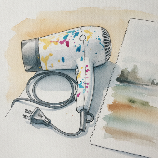 Hair dryer for watercolor, Dinghy Stored on Davits, Yarlung Tsangpo gorge from Pe village, Tibet, China, Persian woman 40s cross-legged, long hair down, and more — pen + watercolor for July 30, 2026