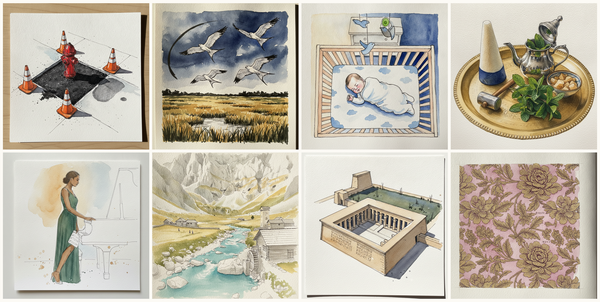 Mid-Renovation Patched Asphalt, Swallow-tailed kite, Baby sleeping in crib, Sugar cone and mint sprigs beside the pot, and more — pen + watercolor for July 12, 2026
