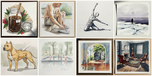 Jar of coffee steeping overnight, filter cone beside, Belly rolls when bending, One Up, One Lateral on a Sand Floor, Inuit hunter silhouette at floe edge, and more — pen + watercolor for July 13, 2026