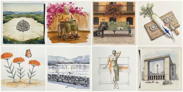 Arabic Tughra Sultan, Old man in wheelchair, Buenos Aires Plaza, Tango Dusk, Daikon and lotus root on a wooden plank, and more — pen + watercolor for July 17, 2026