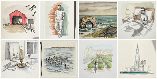 Pennsylvania — Bartram's Bridge in Fog, Non-binary model, early 30s, Latinx, athletic build, shoulder against brick wall, Marble Arch headland, Donegal, October, Person reading to fall asleep, and more — pen + watercolor for July 19, 2026