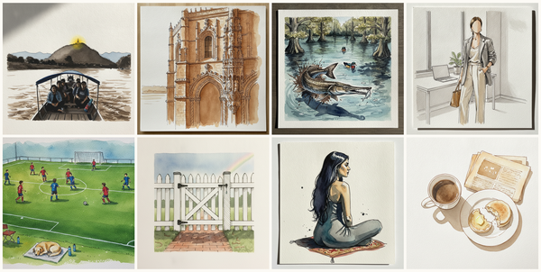Mekong at Luang Prabang, Laos, Mosteiro dos Jerónimos, Lisbon, Portugal, Longnose gar, Contemporary minimalist office, and more — pen + watercolor for July 3, 2026