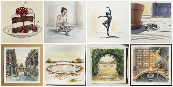 Black Forest gateau slice with cherry and cream, Putting on tights, Attitude derriere, mid-career soloist, Rabid wolf spider, and more — pen + watercolor for July 24, 2026