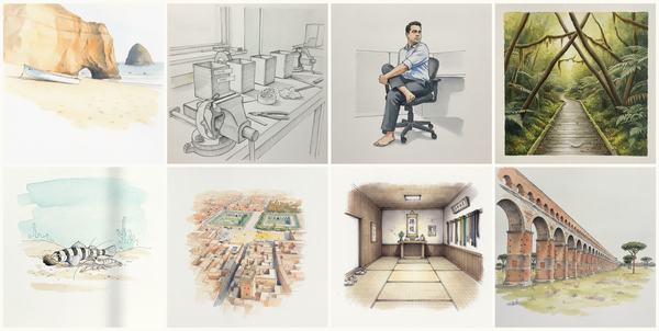 Cape Kiwanda, Pacific City, Oregon, School shop bench at lesson's end, Reaching across to opposite knee, seated twist at 56, New Zealand Beech with Tree Fern, South Island, and more — pen + watercolor for July 26, 2026