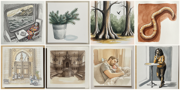 New Zealand Interislander ferry, Pine branches in a galvanized bucket, Congaree old-growth bottomland, South Carolina, Beef tapeworm, and more — pen + watercolor for July 28, 2026