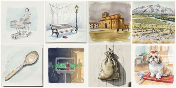Suburban Shopping Cart, Snow-Slatted Sunday, San Martín de Frómista, Frómista, Spain, Central Otago Pinot with Pisa Range snow, New Zealand, and more — pen + watercolor for July 29, 2026