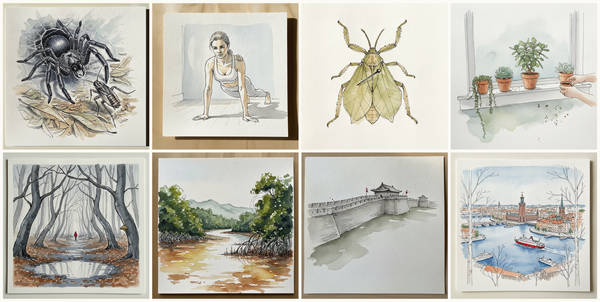 Sydney funnel-web spider, High plank with shoulder tap, Leaf insect, flat and veined, C-section scar, and more — pen + watercolor for July 4, 2026