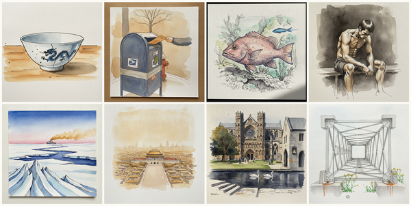 Chinese porcelain rice bowl, Mailbox on corner, Red hind, Seated leaning forward, elbows on knees, and more — pen + watercolor for July 5, 2026