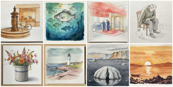 Parisian Borne-Fontaine, White crappie, Hotel lobby entrance with doorman, Seated chair lean with cross-body reach to floor, and more — pen + watercolor for July 6, 2026