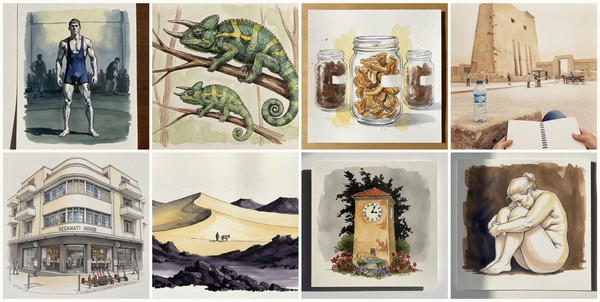 Wrestler with cut muscles, Jackson's chameleon, Dried Porcini in Glass Jar, Karnak Luxor pylon, and more — pen + watercolor for July 7, 2026