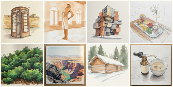 Brittany Cabine, Cream and Brown, Lean older Indian man in modest yoga-trained arch, MIT Stata Center, Cambridge, Massachusetts, USA, Cocktail garnishes on tray, and more — pen + watercolor for July 8, 2026