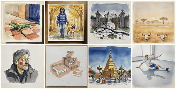 Italian wall lizard, Person walking dog on leash, Devon House, Autumn Storm Aftermath, Dust-hazy afternoon Serengeti, central plains — heat shimmer panorama, and more — pen + watercolor for July 9, 2026