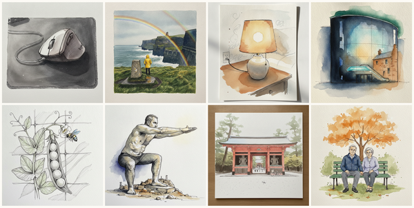 Ergonomic mouse with cable, Cliffs of Moher rainbow, Ireland, Bedside Lamp, Linen Shade, Willis Faber Dumas Building, Ipswich, England, and more — pen + watercolor for July 1, 2026