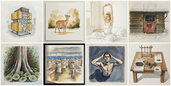 Library of Birmingham, Birmingham, England, Indian muntjac, Person waking up stretching, Romanian Carpathian Stable, and more — pen + watercolor for August 11, 2026