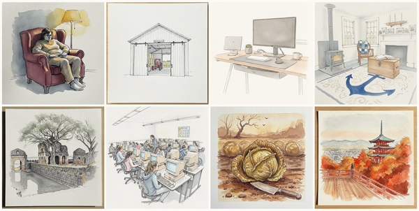 The reading slump, Door of a Pole Barn in Iowa, Modern 2024 home office setup, Cape Cod fisherman's living room, and more — pen + watercolor for August 12, 2026