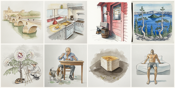 Pont Saint-Bénézet, Avignon, France, Vintage 1950s diner kitchen, Rural Vermont General Store, Maple Season, Crater Lake from Watchman Overlook, Oregon, and more — pen + watercolor for August 13, 2026