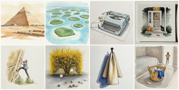 Meidum Pyramid, Meidum, Egypt, Florida Ten Thousand Islands aerial, Everglades National Park, Olivetti Lettera 32 in robin's-egg blue, Vinyl-sided suburb, Halloween night, and more — pen + watercolor for August 15, 2026