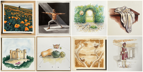 California poppy, Warrior II, Pacific Islander man, 49, Hornbeam arch with shears resting on gravel, Silk handkerchief on a polished table, and more — pen + watercolor for August 19, 2026