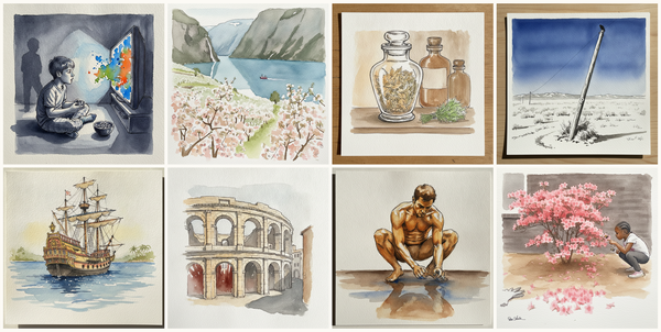 Kid playing video game, Hardangerfjord in apple-blossom season, Norway, Apothecary Jar of Mugwort, Wyoming Highway Pole, and more — pen + watercolor for August 20, 2026