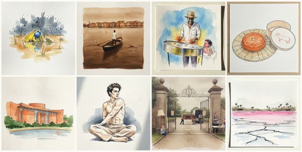 Indian bullfrog, Mascareta Small Sandolo, Steel drum player, Époisses on a straw mat, glistening rind, and more — pen + watercolor for August 3, 2026