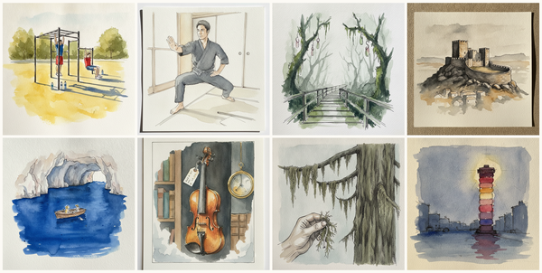 Park with calisthenics rig, Classic Prone Superman, Linen Studio, Cameron Highlands mossy forest, Malaysia — Gunung Brinchang boardwalk, Castelo de Linhares da Beira, Linhares, Portugal, and more — pen + watercolor for August 30, 2026