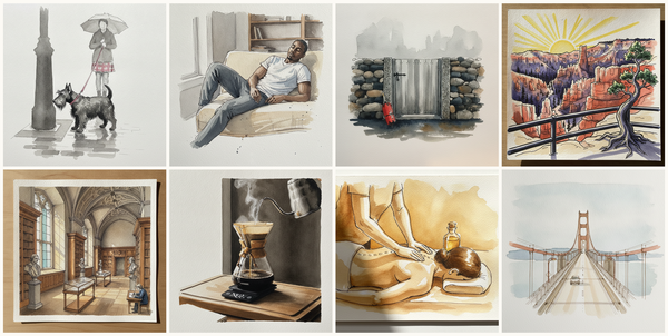 Scottish terrier, Mild side-lying with bent knees, Newfoundland salt-box garden door in fieldstone, fog, Thor's Hammer at Sunrise Point, Bryce Canyon, Utah, USA, and more — pen + watercolor for August 6, 2026