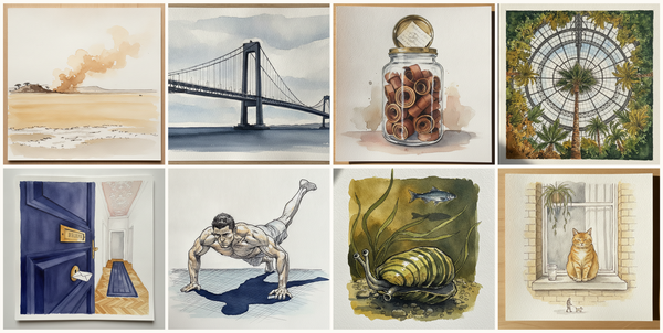 Serengeti dust trail at midday — short-grass plains south of Naabi Hill, Verrazzano-Narrows Bridge, New York, New York, USA, Display Jar of Cinchona Bark, Inside a Greenhouse Dome, and more — pen + watercolor for August 7, 2026