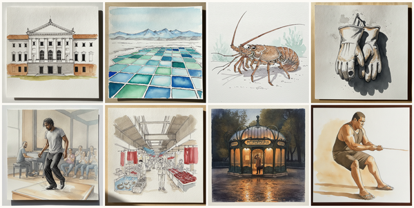 Neue Pinakothek, Munich, Germany, Salar de Atacama lithium evaporation ponds, Chile, Caribbean spiny lobster, Old leather gloves, hung on nail, and more — pen + watercolor for August 8, 2026