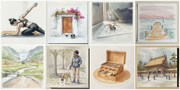 Thread-the-needle, left arm under, Andalusian whitewashed cottage with a brown door and trailing bougainvillea, Giant house spider, Gulf of Mexico dusk from a Florida Panhandle pier, and more — pen + watercolor for August 9, 2026