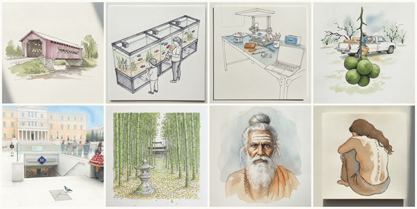 Roseman Bridge, Madison County, Iowa, USA, Pet store with fish tanks, Modern maker garage bench, Persian lime, and more — pen + watercolor for August 1, 2026