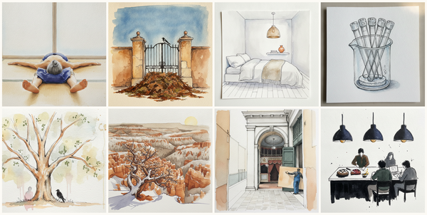 Latina non-binary person, 20s, twisted glance, Provencal gate after mistral, leaves piled at the foot, Scandinavian neutral bedroom, NMR tubes in beaker, and more — pen + watercolor for September 2, 2026