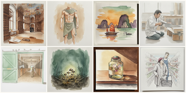 Einsiedeln Abbey Library, Einsiedeln, Switzerland, Greek warrior in chlamys, Halong Bay limestone islands at sunset, Vietnam, Hands Clasped Above, Knees Apart, and more — pen + watercolor for September 11, 2026