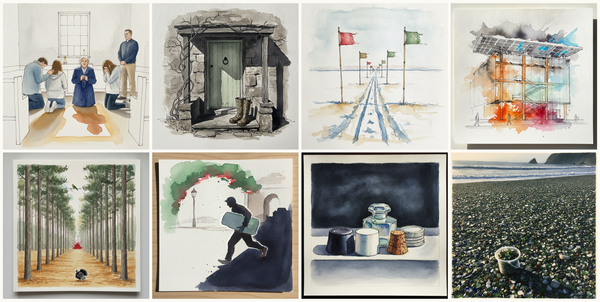 Family praying in chapel, Scottish Borders cottage with a sage door and bare honeysuckle in late February, Bamboo flag traverse line vanishing to horizon, Bullitt Center, Seattle, Washington, USA, and more — pen + watercolor for September 12, 2026